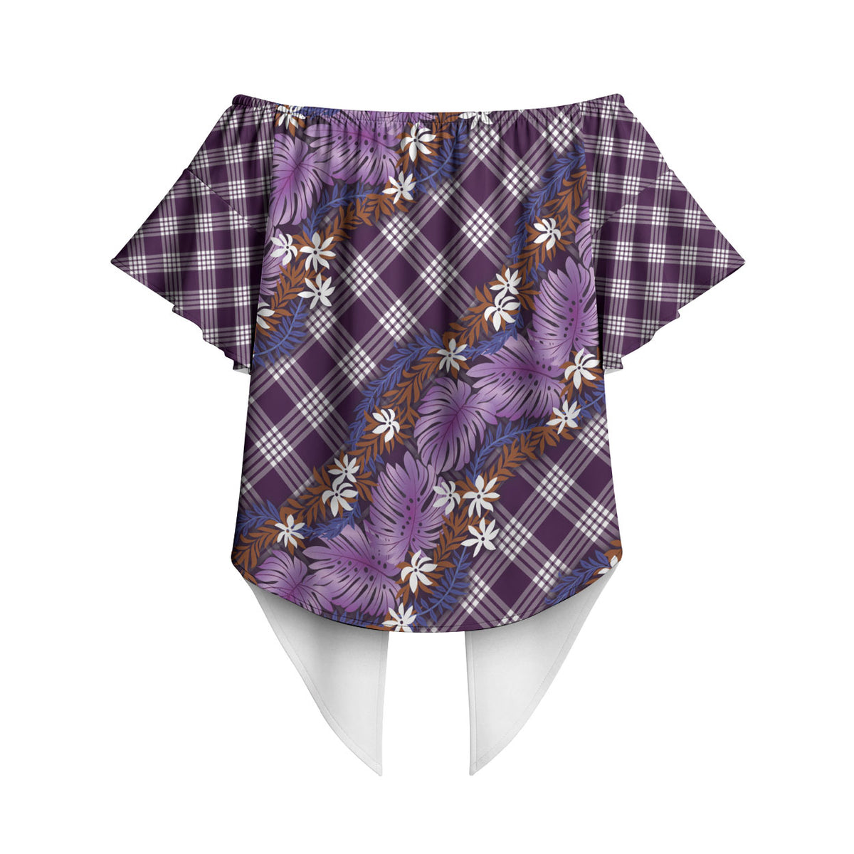 Polynesian Monstera Tiare Floral Off Shoulder Wrap Waist Top Lavender Tropical Plaid LT01 - Polynesian Pride
