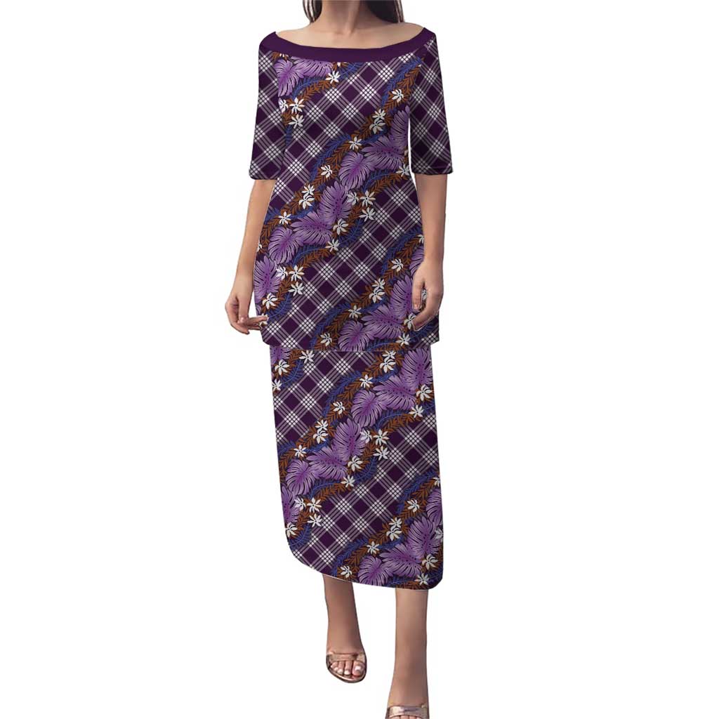Polynesian Monstera Tiare Floral Puletasi Lavender Tropical Plaid - Polynesian Pride