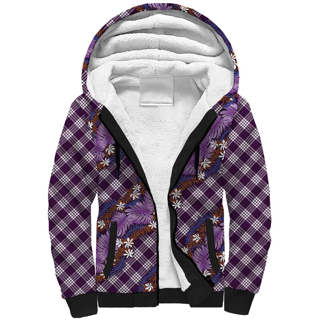 Polynesian Monstera Tiare Floral Sherpa Hoodie Lavender Tropical Plaid LT01 Unisex Purple - Polynesian Pride