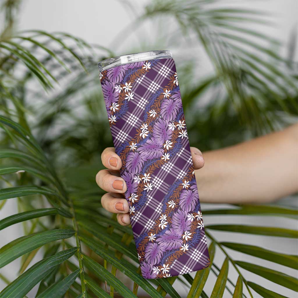 Polynesian Monstera Tiare Floral Skinny Tumbler Lavender Tropical Plaid LT01 - Polynesian Pride