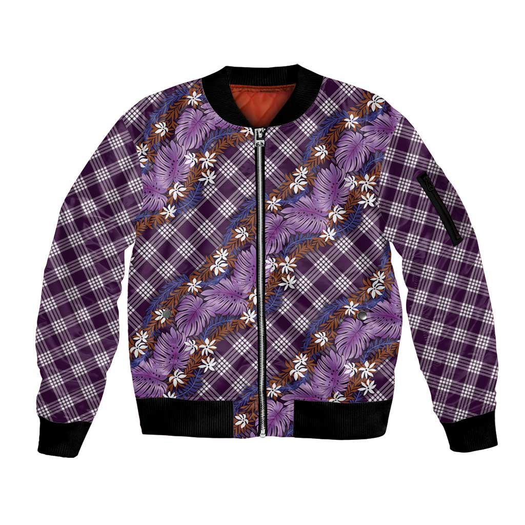 Polynesian Monstera Tiare Floral Sleeve Zip Bomber Jacket Lavender Tropical Plaid LT01 Unisex Purple - Polynesian Pride