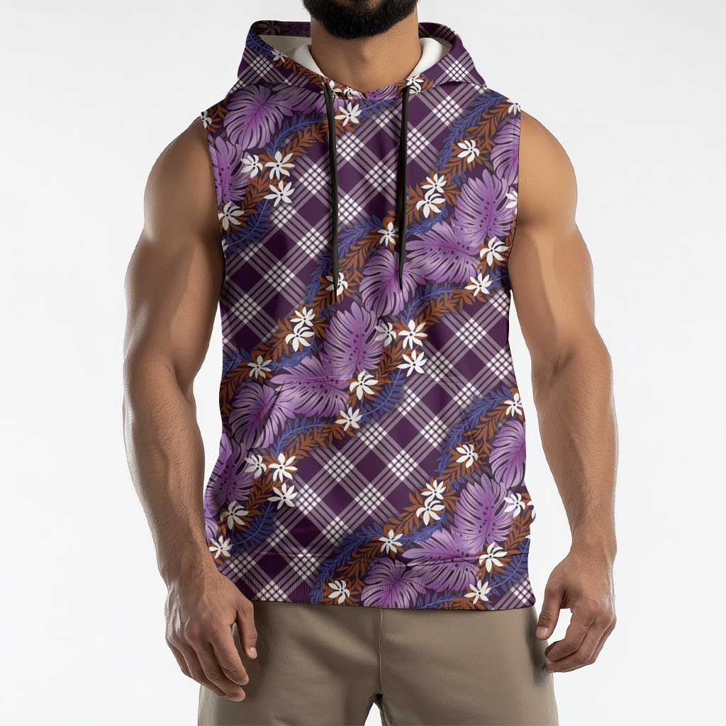 Polynesian Monstera Tiare Floral Sleeveless Hoodie Lavender Tropical Plaid LT01 - Polynesian Pride