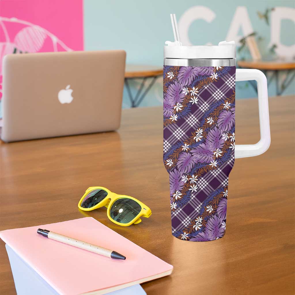 Polynesian Monstera Tiare Floral Tumbler With Handle Lavender Tropical Plaid - Polynesian Pride