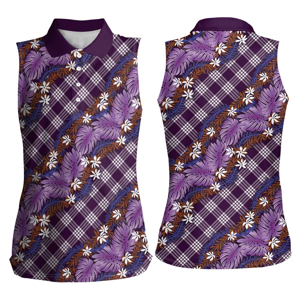 Polynesian Monstera Tiare Floral Women Sleeveless Polo Shirt Lavender Tropical Plaid - Polynesian Pride