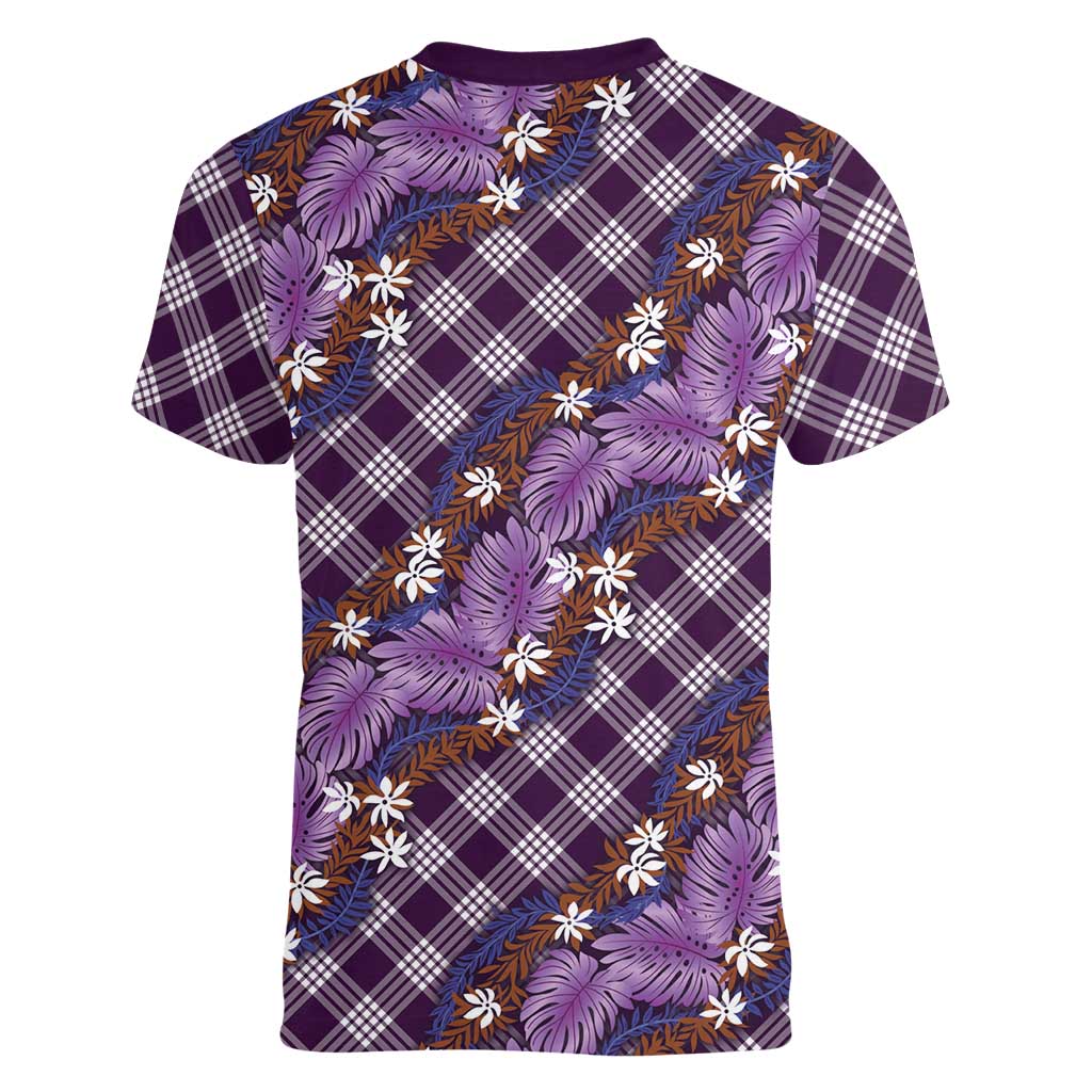 Polynesian Monstera Tiare Floral Women V-Neck T-Shirt Lavender Tropical Plaid - Polynesian Pride
