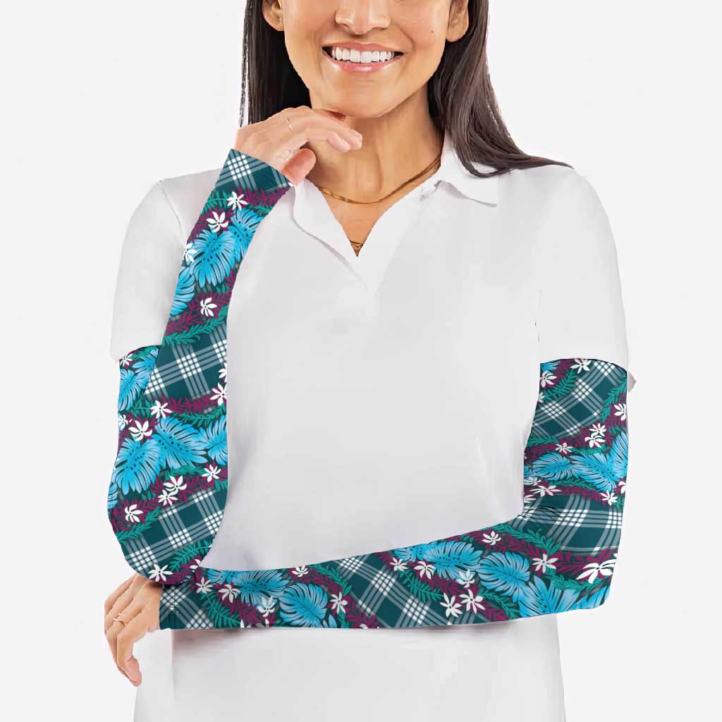 Polynesian Monstera Tiare Floral Arm Sleeves Dark Teal Tropical Plaid LT01 - Polynesian Pride