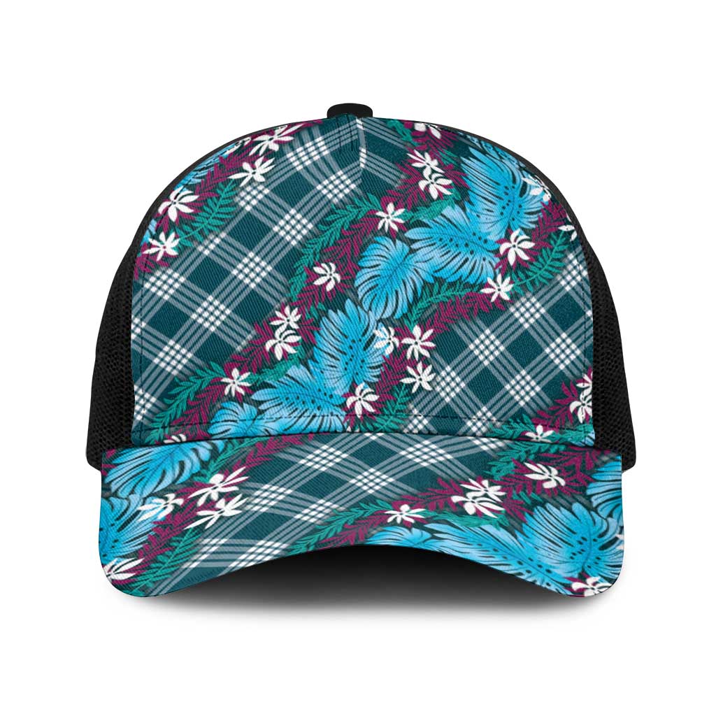 Polynesian Monstera Tiare Floral Baseball Net Cap Dark Teal Tropical Plaid - Polynesian Pride