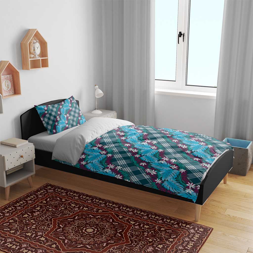 Polynesian Monstera Tiare Floral Bedding Set Dark Teal Tropical Plaid - Polynesian Pride