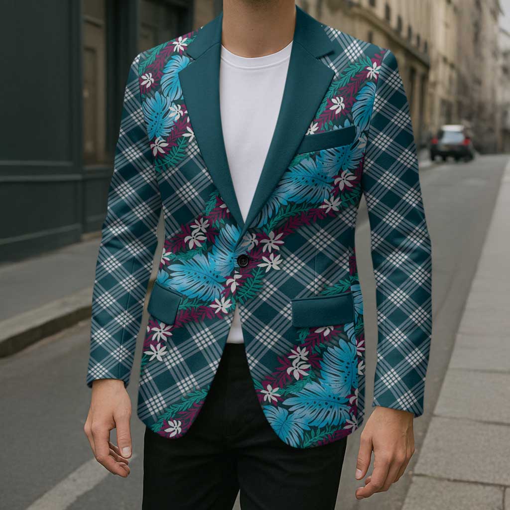 Polynesian Monstera Tiare Floral Blazer Dark Teal Tropical Plaid - Polynesian Pride