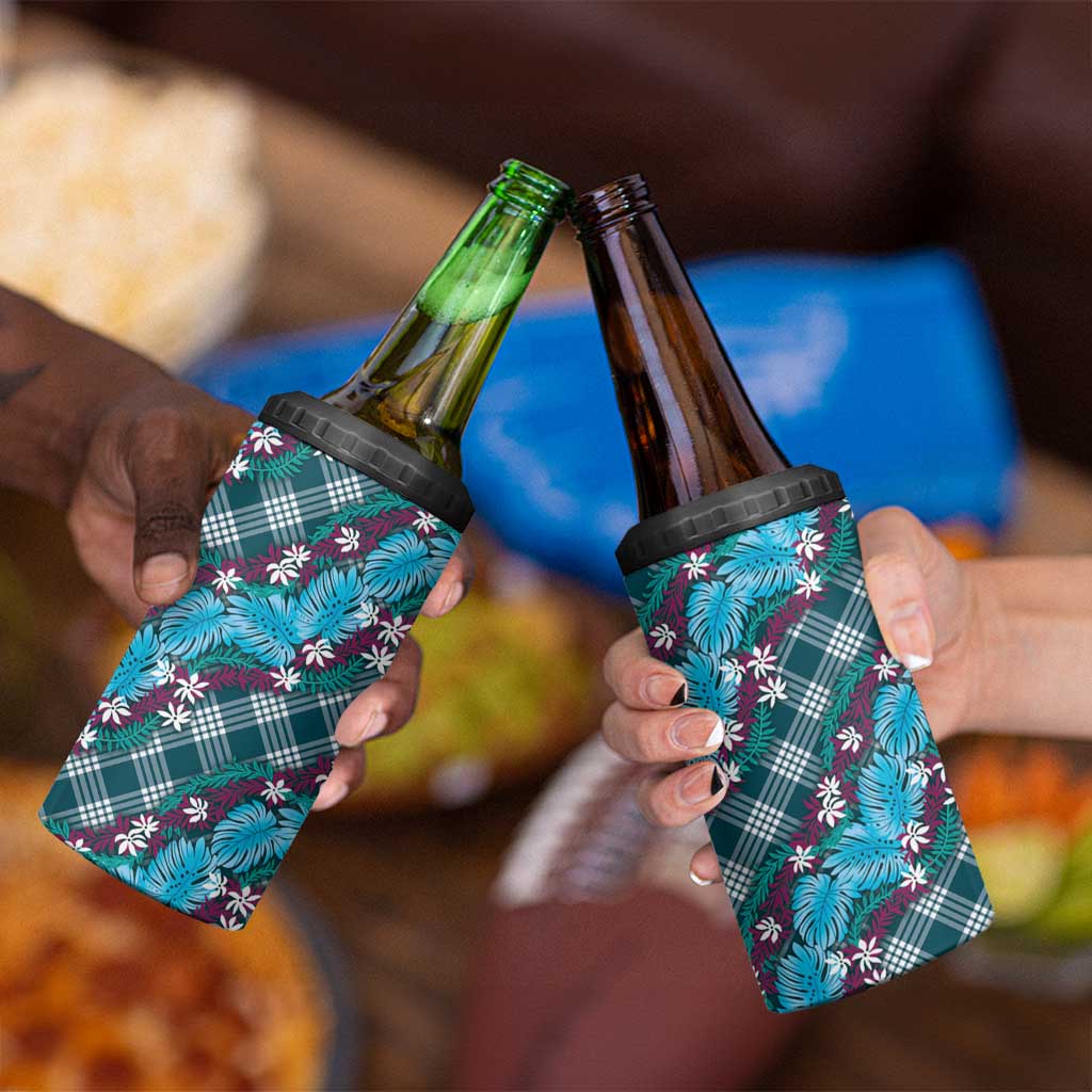 Polynesian Monstera Tiare Floral 4 in 1 Can Cooler Tumbler Dark Teal Tropical Plaid - Polynesian Pride