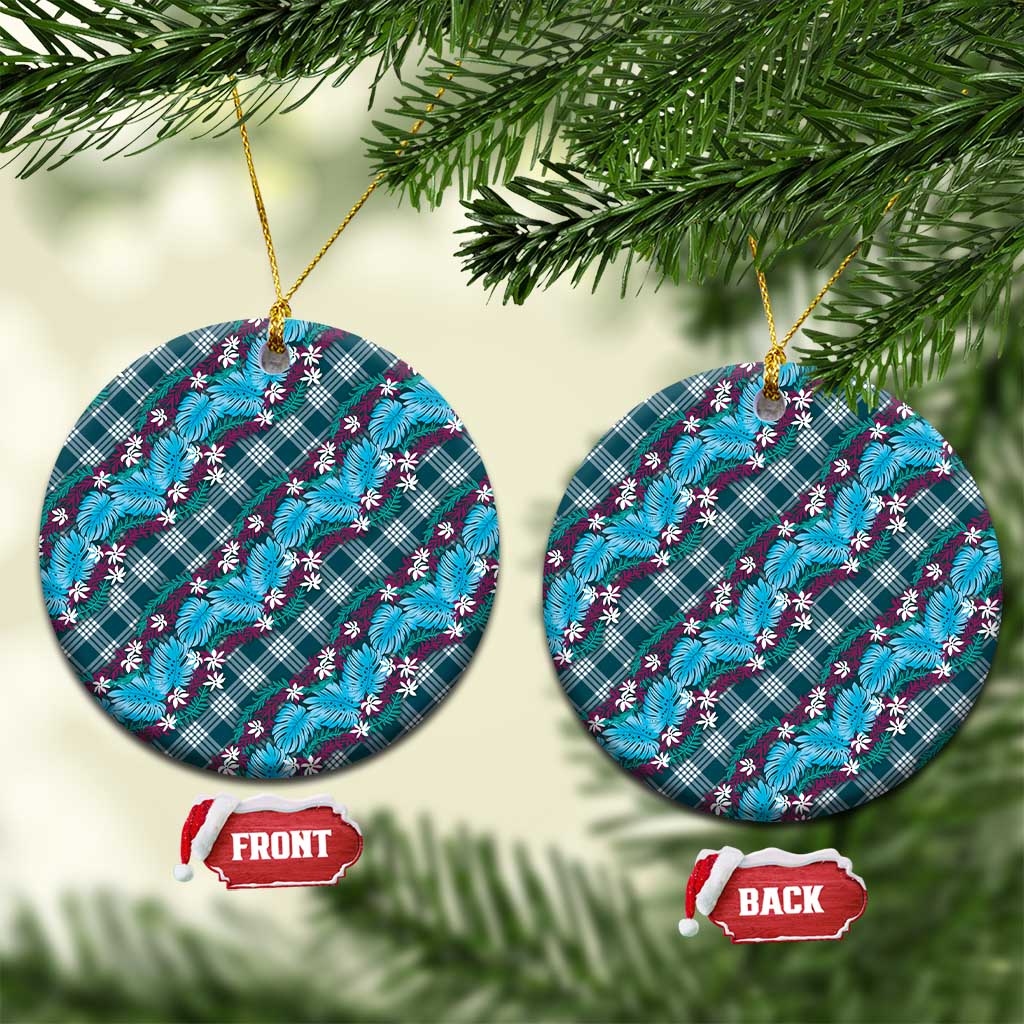 Polynesian Monstera Tiare Floral Ceramic Ornament Dark Teal Tropical Plaid - Polynesian Pride