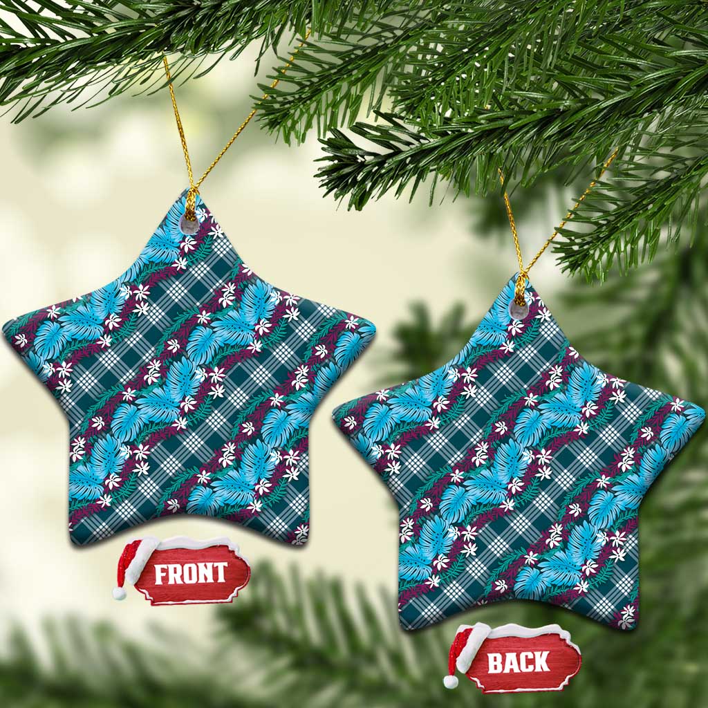 Polynesian Monstera Tiare Floral Ceramic Ornament Dark Teal Tropical Plaid - Polynesian Pride