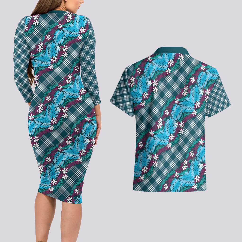 Polynesian Monstera Tiare Floral Couples Matching Long Sleeve Bodycon Dress and Hawaiian Shirt Dark Teal Tropical Plaid LT01 - Polynesian Pride