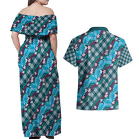 Polynesian Monstera Tiare Floral Couples Matching Off Shoulder Maxi Dress and Hawaiian Shirt Dark Teal Tropical Plaid - Polynesian Pride