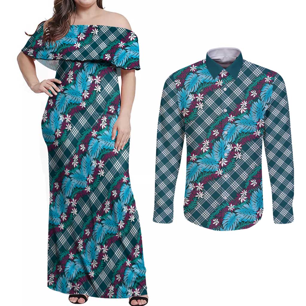 Polynesian Monstera Tiare Floral Couples Matching Off Shoulder Maxi Dress and Long Sleeve Button Shirt Dark Teal Tropical Plaid LT01 Teal - Polynesian Pride