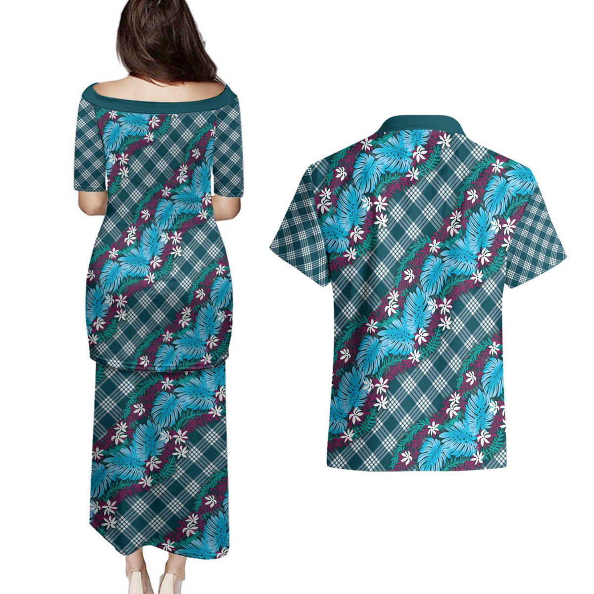 Polynesian Monstera Tiare Floral Couples Matching Puletasi and Hawaiian Shirt Dark Teal Tropical Plaid - Polynesian Pride