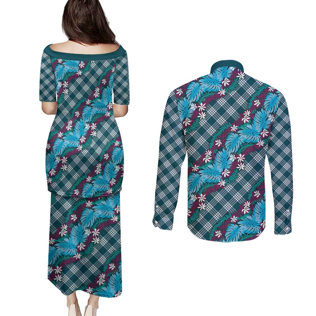 Polynesian Monstera Tiare Floral Couples Matching Puletasi and Long Sleeve Button Shirt Dark Teal Tropical Plaid - Polynesian Pride