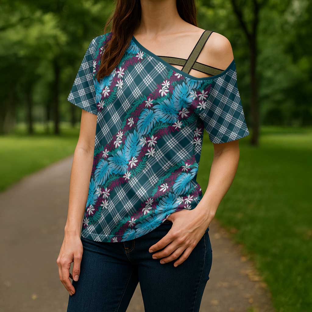 Polynesian Monstera Tiare Floral Cross Shoulder Shirt Dark Teal Tropical Plaid - Polynesian Pride
