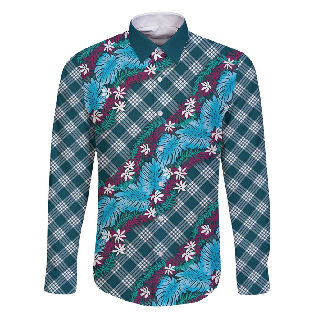Polynesian Monstera Tiare Floral Family Matching Long Sleeve Bodycon Dress and Hawaiian Shirt Dark Teal Tropical Plaid LT01 Dad's Shirt - Long Sleeve Teal - Polynesian Pride