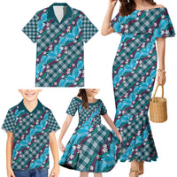 Polynesian Monstera Tiare Floral Family Matching Mermaid Dress and Hawaiian Shirt Dark Teal Tropical Plaid LT01 - Polynesian Pride