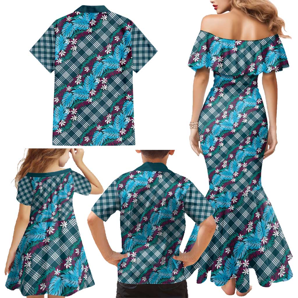 Polynesian Monstera Tiare Floral Family Matching Mermaid Dress and Hawaiian Shirt Dark Teal Tropical Plaid LT01 - Polynesian Pride