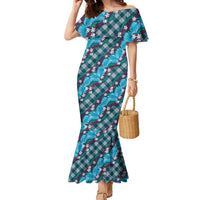 Polynesian Monstera Tiare Floral Family Matching Mermaid Dress and Hawaiian Shirt Dark Teal Tropical Plaid LT01 Mom's Dress Teal - Polynesian Pride