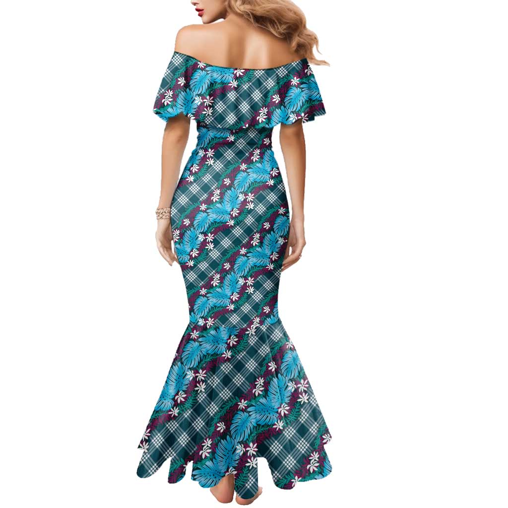 Polynesian Monstera Tiare Floral Family Matching Mermaid Dress and Hawaiian Shirt Dark Teal Tropical Plaid LT01 - Polynesian Pride
