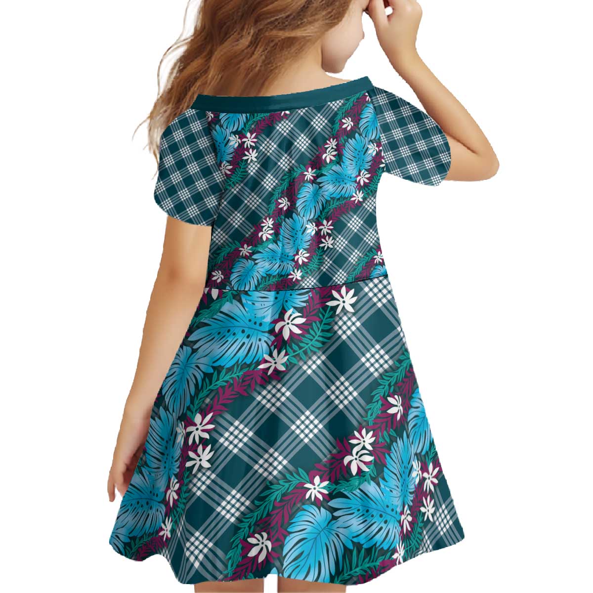 Polynesian Monstera Tiare Floral Family Matching Off The Shoulder Long Sleeve Dress and Hawaiian Shirt Dark Teal Tropical Plaid LT01 - Polynesian Pride