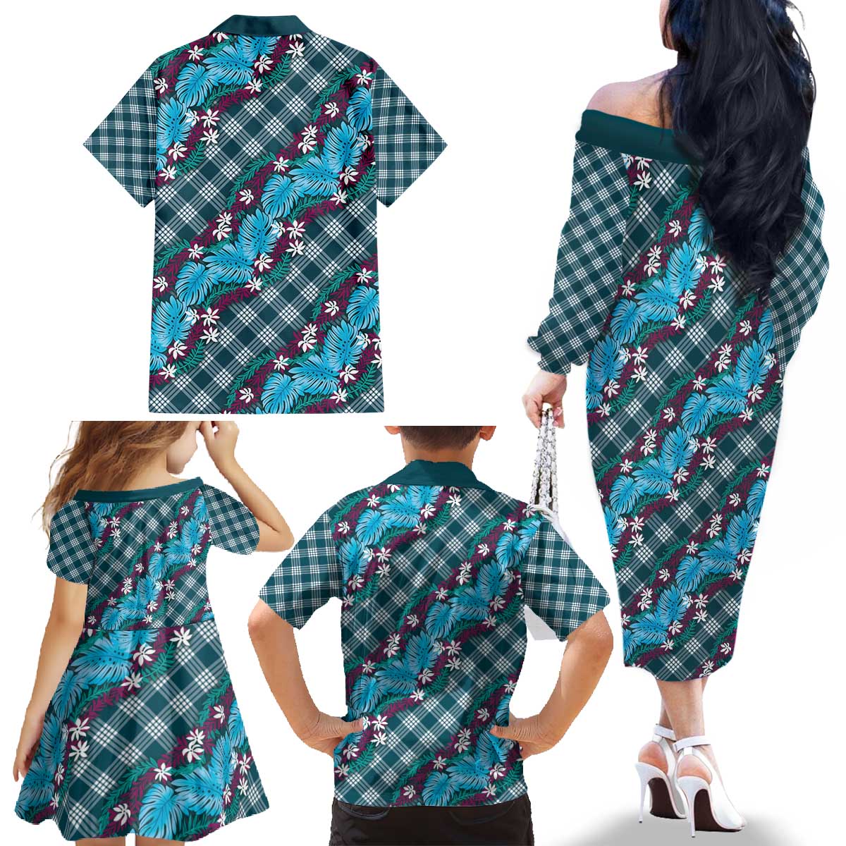 Polynesian Monstera Tiare Floral Family Matching Off The Shoulder Long Sleeve Dress and Hawaiian Shirt Dark Teal Tropical Plaid LT01 - Polynesian Pride