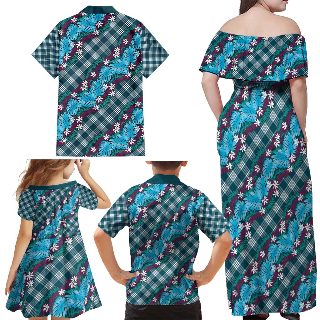 Polynesian Monstera Tiare Floral Family Matching Off Shoulder Maxi Dress and Hawaiian Shirt Dark Teal Tropical Plaid LT01 - Polynesian Pride