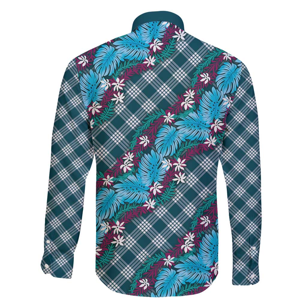 Polynesian Monstera Tiare Floral Family Matching Off Shoulder Maxi Dress and Hawaiian Shirt Dark Teal Tropical Plaid LT01 - Polynesian Pride