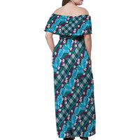 Polynesian Monstera Tiare Floral Family Matching Off Shoulder Maxi Dress and Hawaiian Shirt Dark Teal Tropical Plaid LT01 - Polynesian Pride