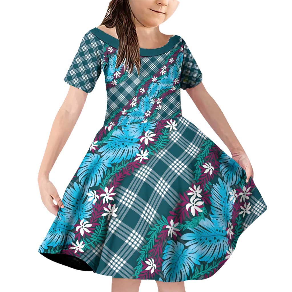 Polynesian Monstera Tiare Floral Family Matching Off Shoulder Short Dress and Hawaiian Shirt Dark Teal Tropical Plaid LT01 Daughter's Dress Teal - Polynesian Pride