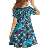 Polynesian Monstera Tiare Floral Family Matching Off Shoulder Short Dress and Hawaiian Shirt Dark Teal Tropical Plaid LT01 - Polynesian Pride