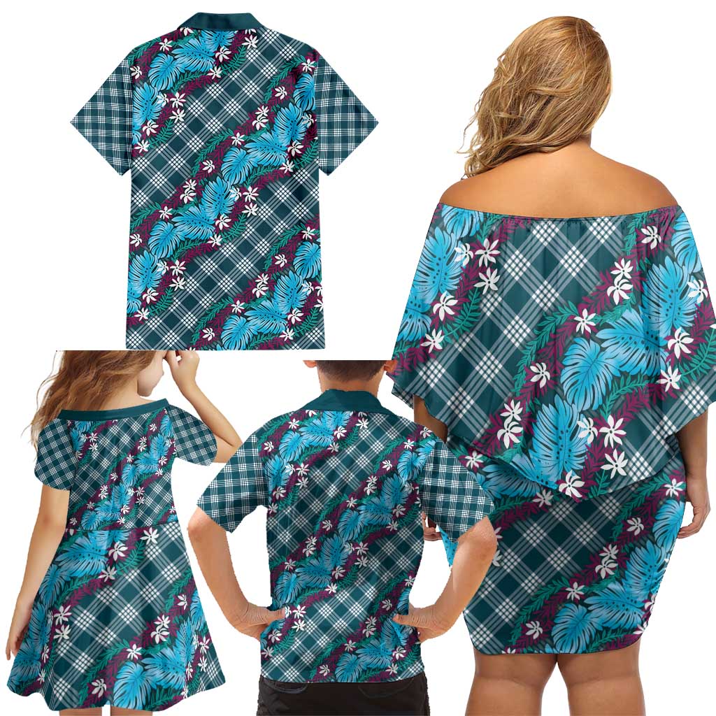 Polynesian Monstera Tiare Floral Family Matching Off Shoulder Short Dress and Hawaiian Shirt Dark Teal Tropical Plaid LT01 - Polynesian Pride