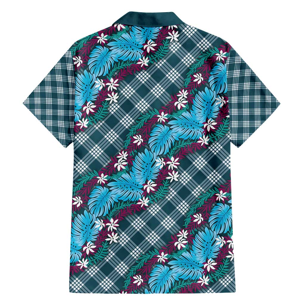 Polynesian Monstera Tiare Floral Family Matching Off Shoulder Short Dress and Hawaiian Shirt Dark Teal Tropical Plaid LT01 - Polynesian Pride