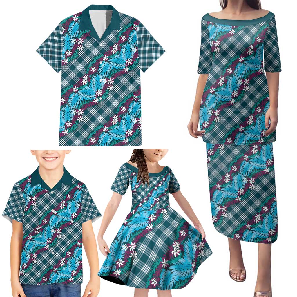 Polynesian Monstera Tiare Floral Family Matching Puletasi and Hawaiian Shirt Dark Teal Tropical Plaid LT01 - Polynesian Pride