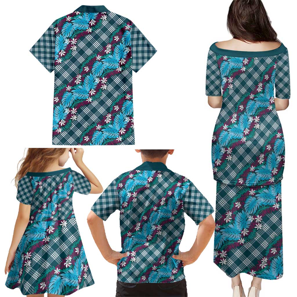 Polynesian Monstera Tiare Floral Family Matching Puletasi and Hawaiian Shirt Dark Teal Tropical Plaid LT01 - Polynesian Pride