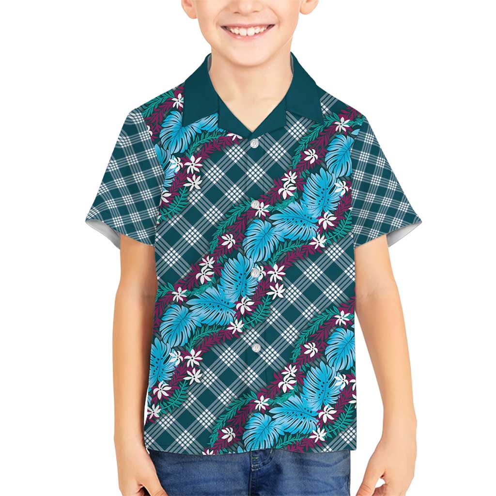 Polynesian Monstera Tiare Floral Family Matching Puletasi and Hawaiian Shirt Dark Teal Tropical Plaid LT01 Son's Shirt Teal - Polynesian Pride