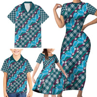 Polynesian Monstera Tiare Floral Family Matching Short Sleeve Bodycon Dress and Hawaiian Shirt Dark Teal Tropical Plaid LT01 - Polynesian Pride