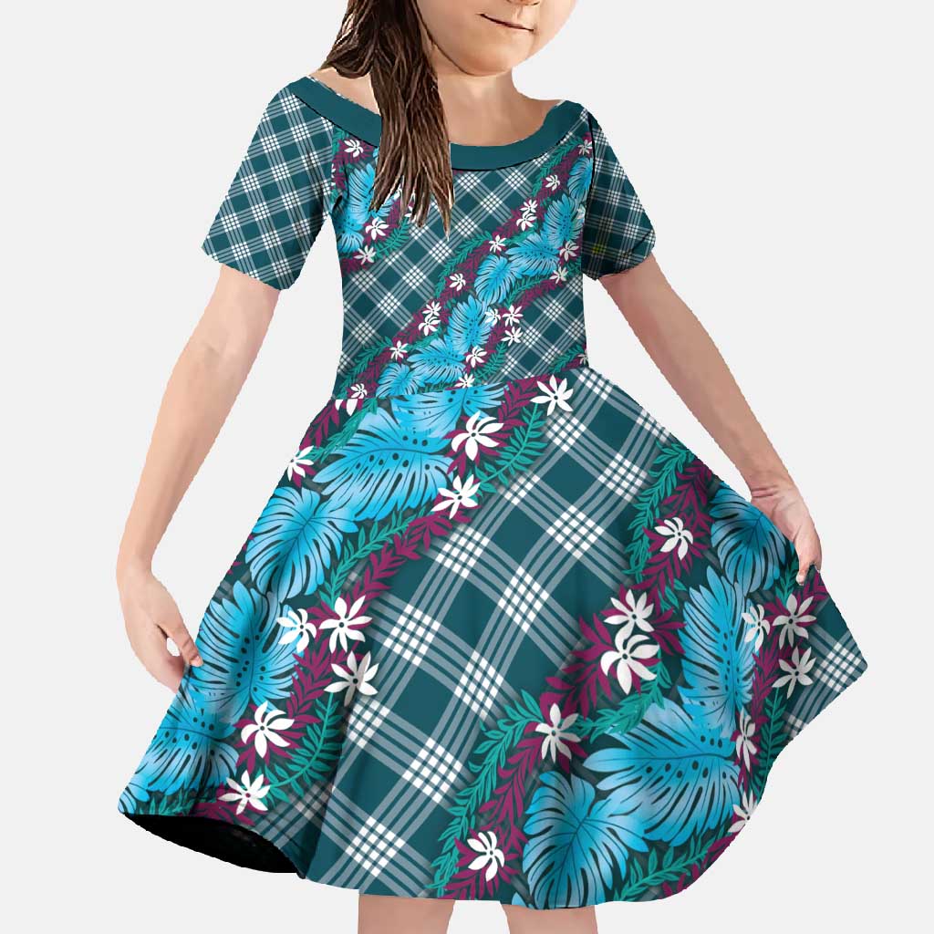 Polynesian Monstera Tiare Floral Family Matching Summer Maxi Dress and Hawaiian Shirt Dark Teal Tropical Plaid LT01 Daughter's Dress Teal - Polynesian Pride