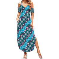 Polynesian Monstera Tiare Floral Family Matching Summer Maxi Dress and Hawaiian Shirt Dark Teal Tropical Plaid LT01 Mom's Dress Teal - Polynesian Pride