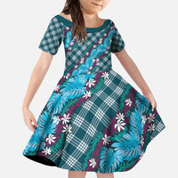 Polynesian Monstera Tiare Floral Family Matching Tank Maxi Dress and Hawaiian Shirt Dark Teal Tropical Plaid LT01 Daughter's Dress Teal - Polynesian Pride