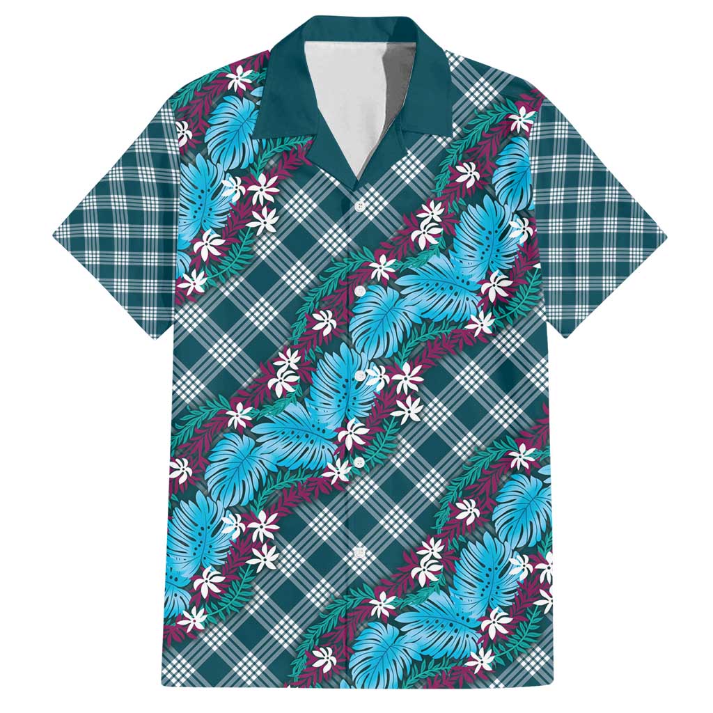 Polynesian Monstera Tiare Floral Family Matching Tank Maxi Dress and Hawaiian Shirt Dark Teal Tropical Plaid LT01 Dad's Shirt - Short Sleeve Teal - Polynesian Pride