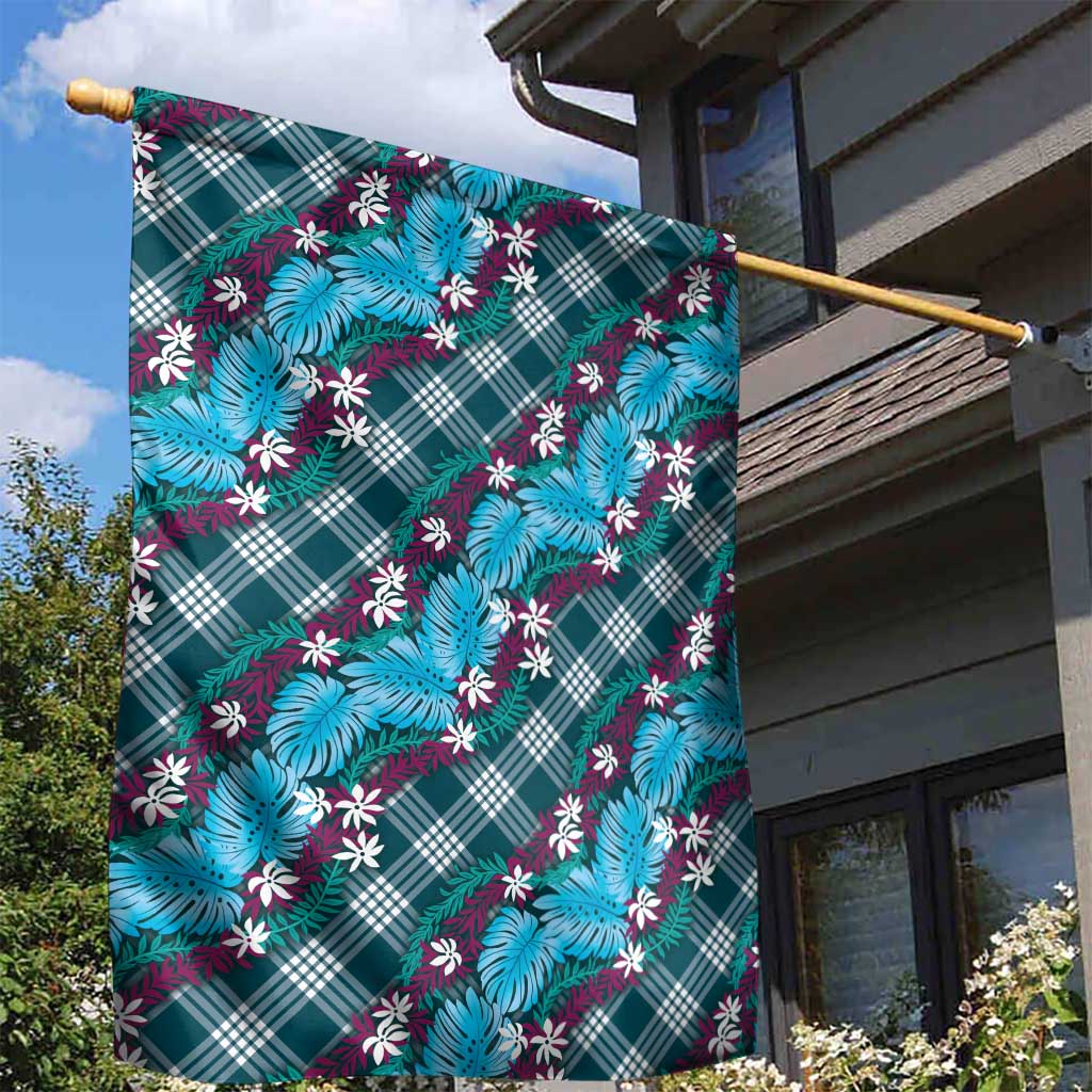 Polynesian Monstera Tiare Floral Garden Flag Dark Teal Tropical Plaid - Polynesian Pride