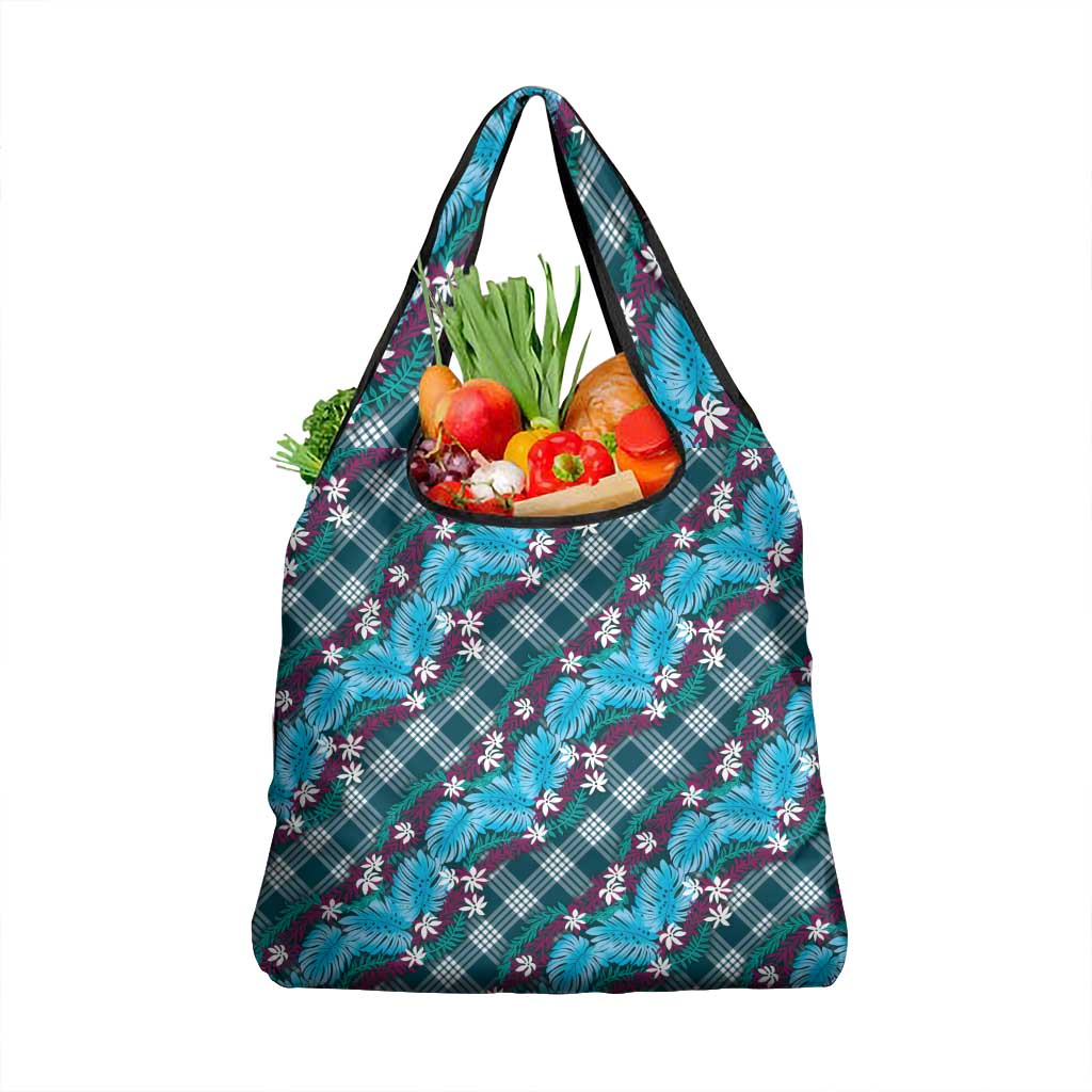 Polynesian Monstera Tiare Floral Grocery Bag Dark Teal Tropical Plaid LT01 1-pack One Size Teal - Polynesian Pride