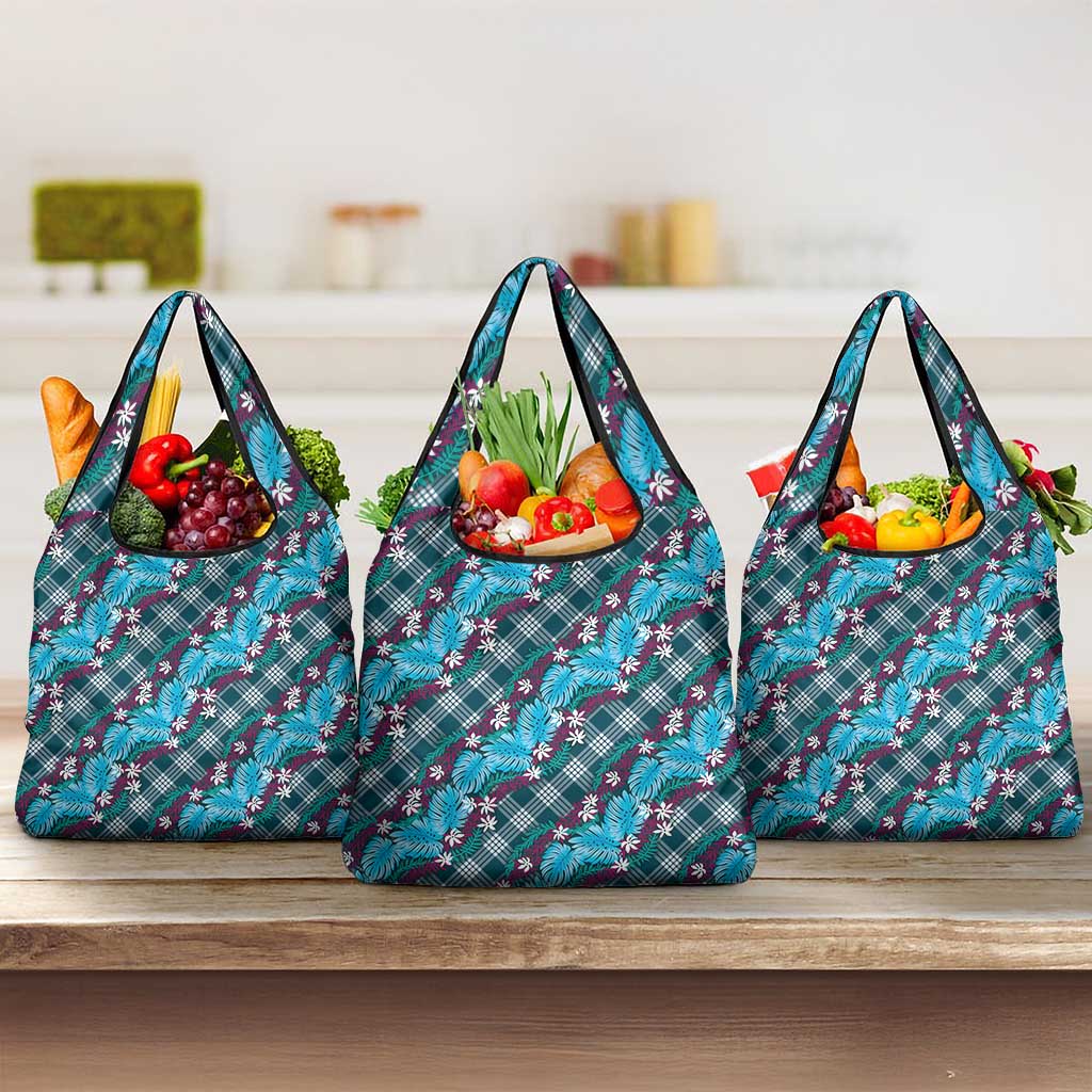 Polynesian Monstera Tiare Floral Grocery Bag Dark Teal Tropical Plaid LT01 3-pack One Size Teal - Polynesian Pride