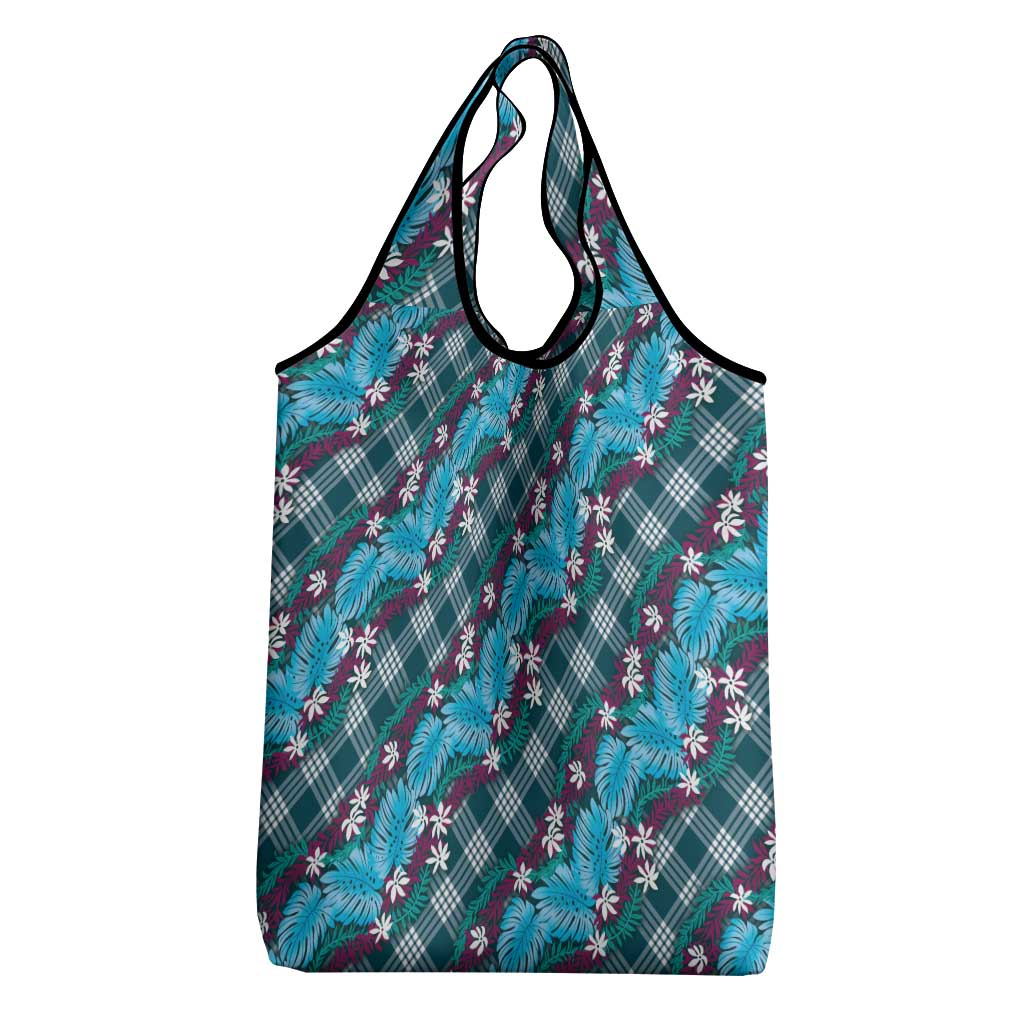 Polynesian Monstera Tiare Floral Grocery Bag Dark Teal Tropical Plaid LT01 - Polynesian Pride