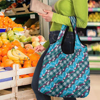 Polynesian Monstera Tiare Floral Grocery Bag Dark Teal Tropical Plaid LT01 - Polynesian Pride