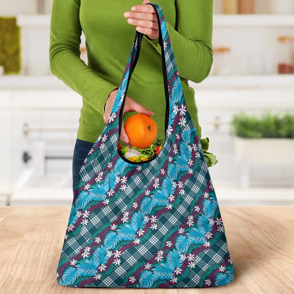 Polynesian Monstera Tiare Floral Grocery Bag Dark Teal Tropical Plaid LT01 - Polynesian Pride